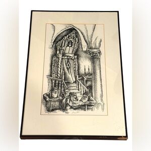 Vintage Signed Seymour Rosenthal Black and White Pen Art Work Jewish Hebrew